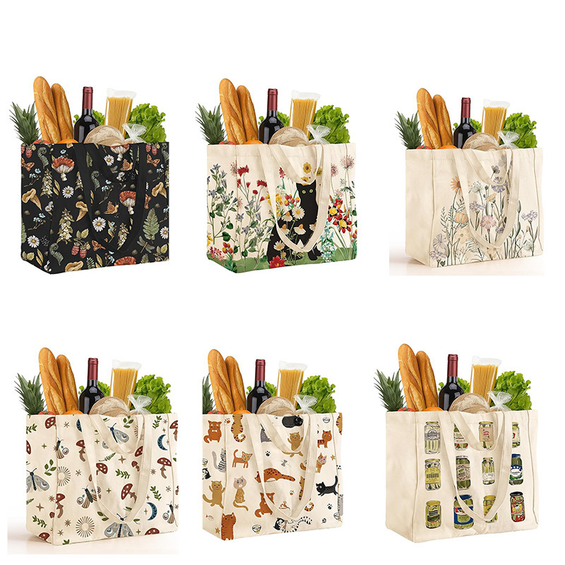 Canvas Grocery Tote Bag, Reusable Oversized Shopping Shoulder Bag with 6 Inner Pockets and 2 Handle Straps