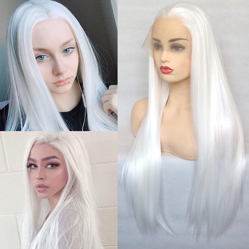 European and American Fashion Pure White Women's Hand Hook Wig Front Lace Long Straight Hair Chemical Fiber High Temperature Silk Wig One Piece Dropshipping European and American Fashion Pure White Women's Hand Hook Wig Front Lace Long Straight Hair Chemical Fiber High Temperature Silk Wig One Piece Dropshipping