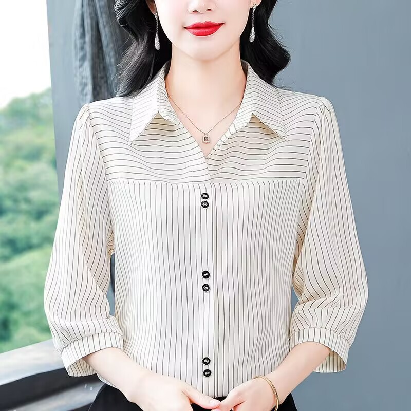 Middle-Aged Mom's Summer Outfit: Collared Vertical Stripe Three-Quarter Sleeve Shirt, Women's Pullover Mid-Sleeve Blouse, Age-Reducing Chiffon Top