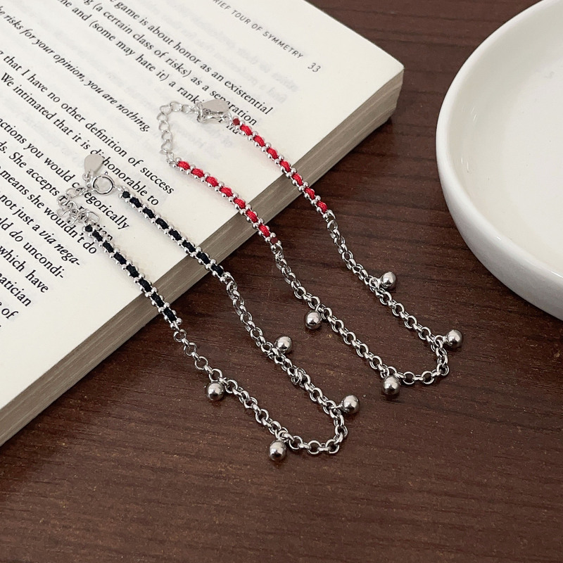 925 Sterling Silver Platinum Bracelet Women's Benmingnian Red Rope Silver Ball Tassel Bracelet Light Luxury All-match Couple's Best Friend Bracelet