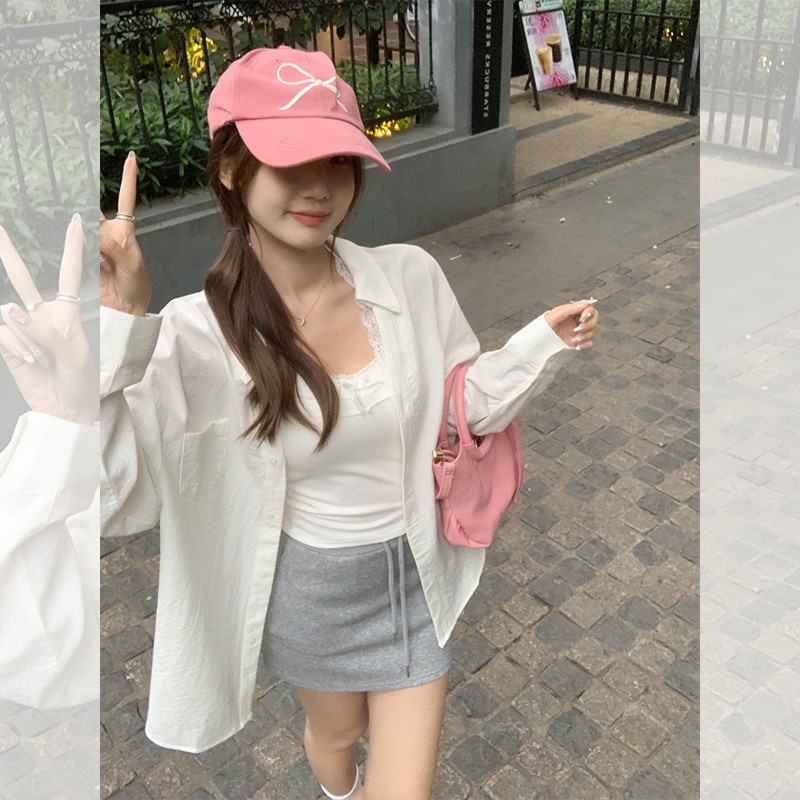 Korean Style Pure Desire Style White Lapel Long-sleeved Shirt Women's Spring and Summer New Loose Fashion Casual All-match Sunscreen Top