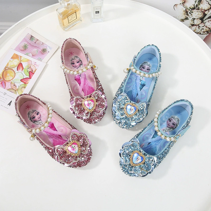 Детские туфли Pearl Velcro 2025 новый стиль Elsa Princess, модные туфли для девочек с пайетками на плоской подошве
