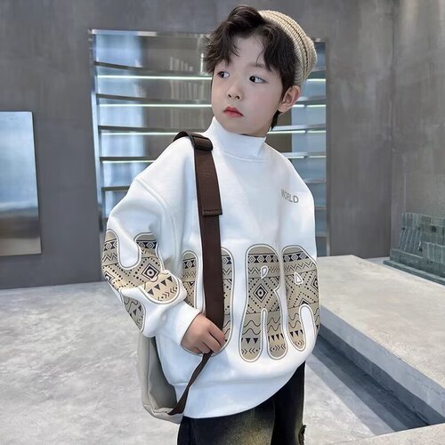 Boys' Padded Crew Neck Sweatshirt Half High Collar Autumn/Winter 2024 New Arrival Large Children Winter One-piece Fleece Thick Top Stylish Trendy