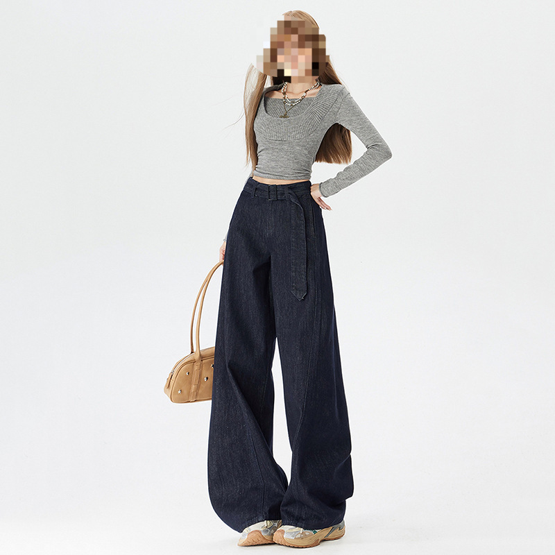 2026 New Style Belt, Raw Denim Straight-Leg Pants, High-Waisted Wide-Leg Jeans, Long Pants for Women, Spring and Summer Raw Denim Color Long Pants Pattern