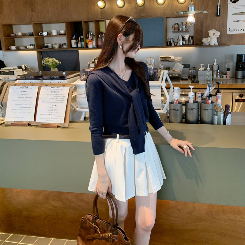 Special Wholesale Niche Design Shawl Ribbon Long-Sleeved Knitwear Feminine Autumn New Style Chic Single Wear