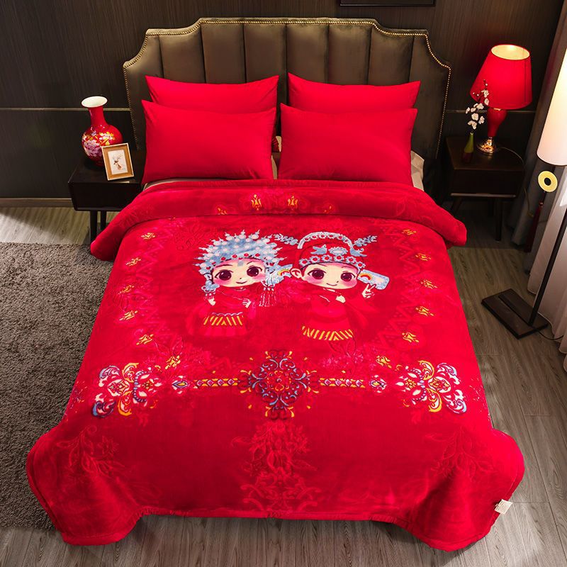 중국 웨딩 담요 큰 빨간 두꺼운 더블 레이어 웨딩 해피 캐릭터 동반 웨딩 겨울 담요 구름 담요 선물 10KG