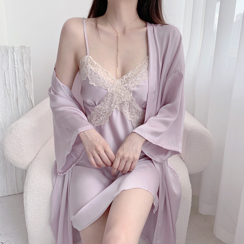 2026 Spring/Summer Satin Ice Silk Camisole Nightgown Two-Piece Set with Chest Pads, Pure Desire Style, High-End Nightgown