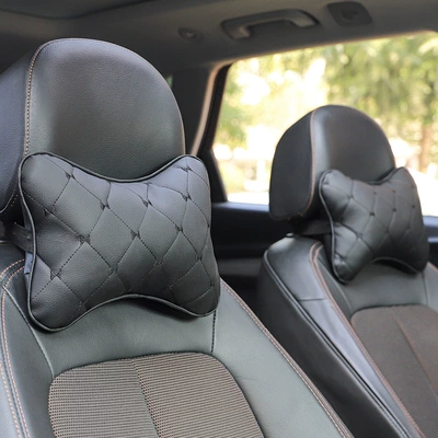 Car Headrest Leather Quilted Headrest - double-sided-leather-quilted-embroidery-black-black-thread-pair