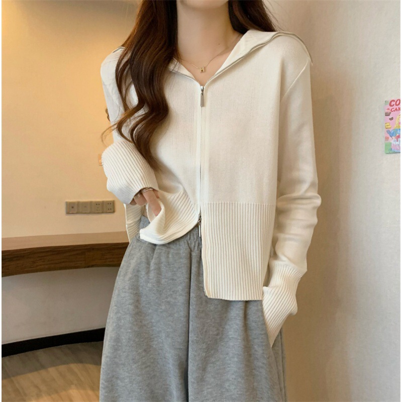 Early Autumn Design Double Zipper Sweater Short Slim Bottoming Shirt Factory Wholesale Foreign Trade Lapel Sweater Women's Clothing