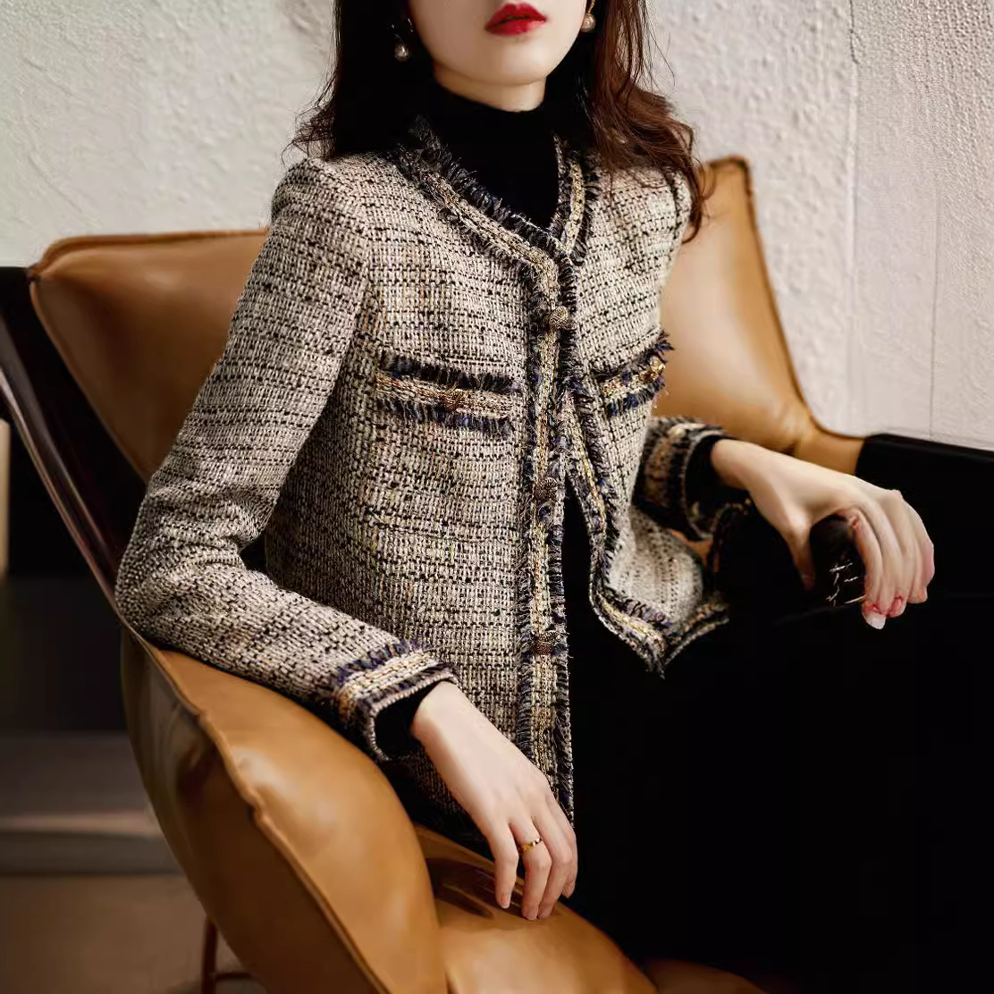 Women's Clothing high tech fantasy yarn retro small fragrance style tweed jacket with wool all match outerwear_voghion.com