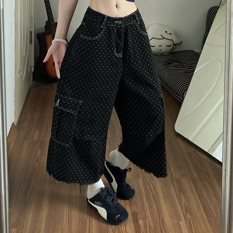 Polka Dot Large Pocket Cropped Denim Wide-Leg Pants for Women 2026 Summer Unique Trendy High-Waisted Casual Workwear Style Versatile Polka Dot Large Pocket Cropped Denim Wide-Leg Pants for Women 2026 Summer Unique Trendy High-Waisted Casual Workwear Style Versatile