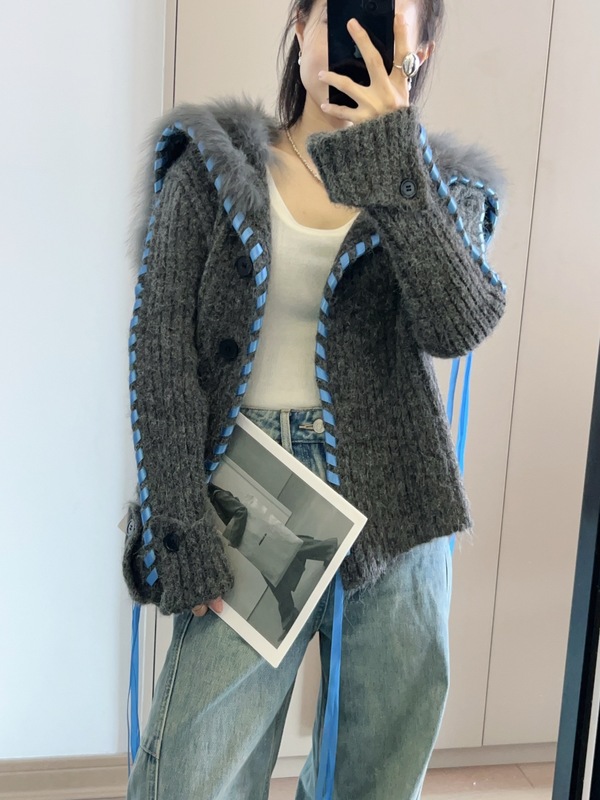 海军领毛毛编织丝带针织开衫女2025秋冬新款时尚洋气短款毛衣外套|undefined