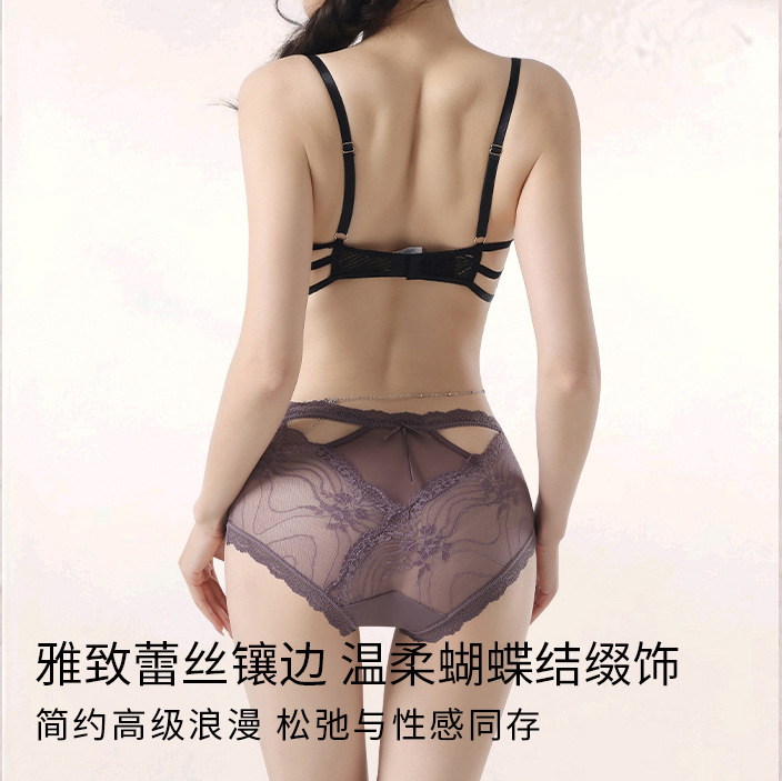 European and American Sexy Lace Women's Mid-Waist Mesh Panties with Bow, Skin-Friendly, Butt-Lifting, Breathable, Romantic Girl's Briefs