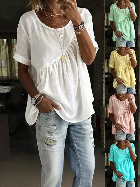 2026 European and American Cross-Border Foreign Trade New Women's Clothing Spring and Summer Amazon Solid Color Round Neck Short-Sleeved Pleated Women's Top T-Shirt