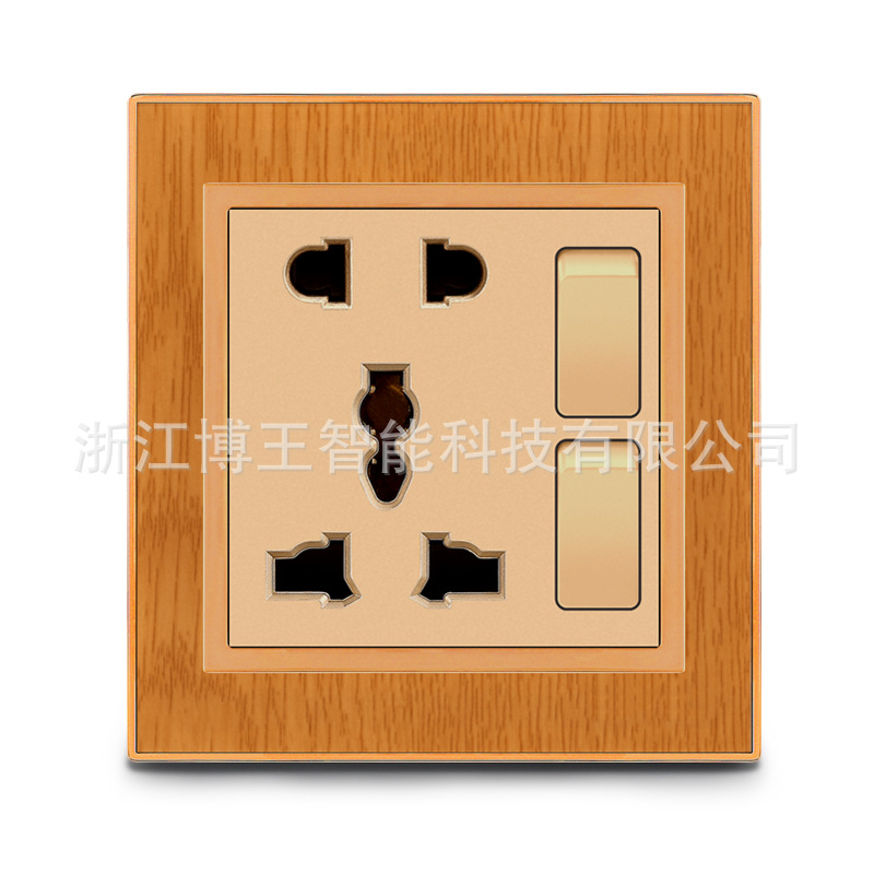 [工厂]墙壁开关亚克力木纹多功能五孔插座带指示灯外贸批发