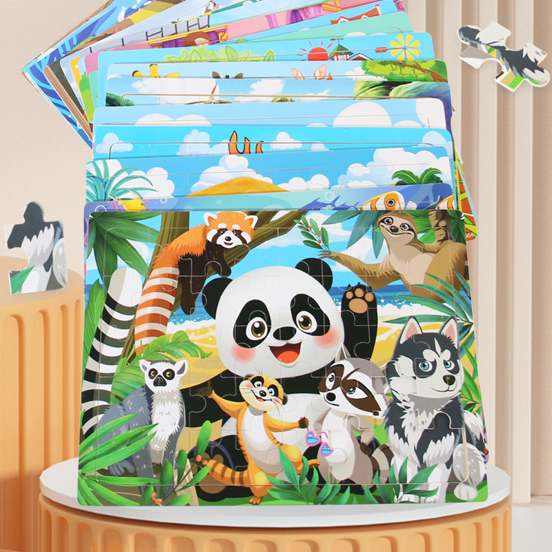 Wooden 40 Pieces Puzzle Toddler Cartoon Animal Traffic Plane Puzzle Baby Early Education Benefit Intelligence Building Blocks Toy