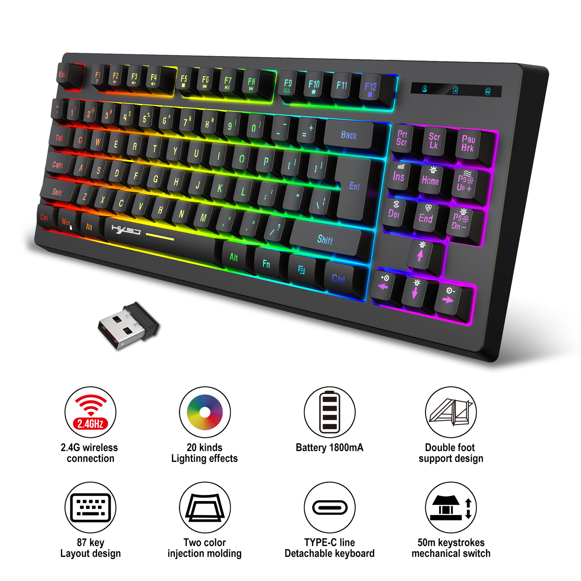 2023新款私模87键无线2.4G薄膜键盘RGB背光wireless keyboard
