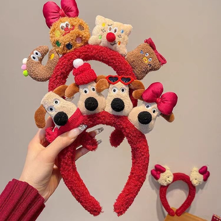 2025 otoño y invierno nuevo patrón rojo perro arco de celebración oso pequeño arco de cabeza niña adorable adornos de pelo de dibujos animados