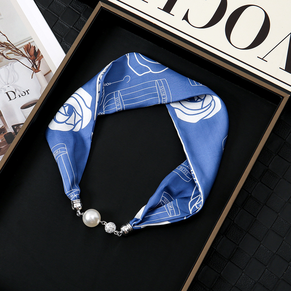 Pañuelo de seda con hebilla magnética de diamantes con incrustaciones de perlas collar mujer retro todo fósforo moda bufanda fina hebilla autocebante babero al por mayor