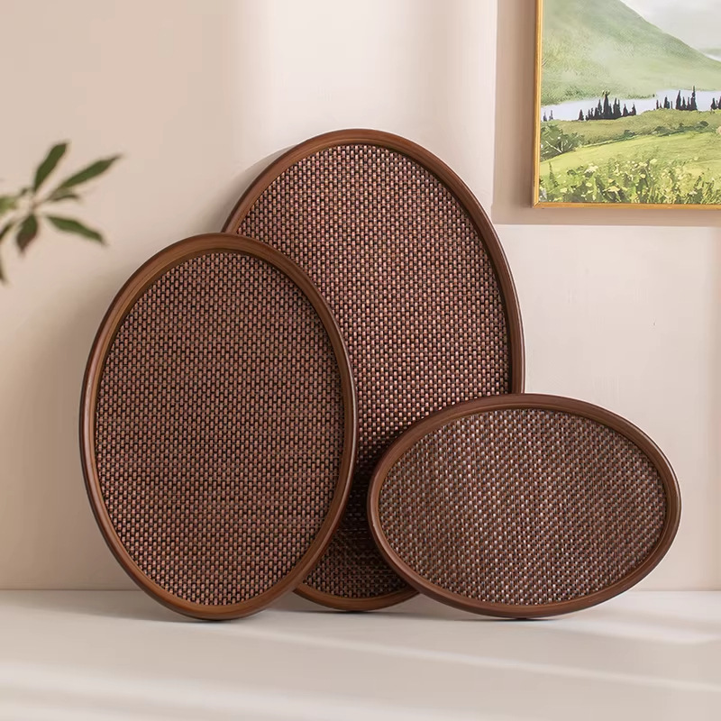 Oval Bamboo Tea Tray with Walnut Wood Edging for Home Use, Dry Tea Tray, Tea Snack Tray, Fruit Tray, Storage Tray