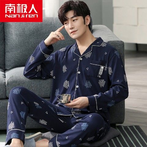 Pijamas de los hombres manga larga 100% algodón primavera, otoño e invierno algodón flojo más tamaño traje desgaste del hogar