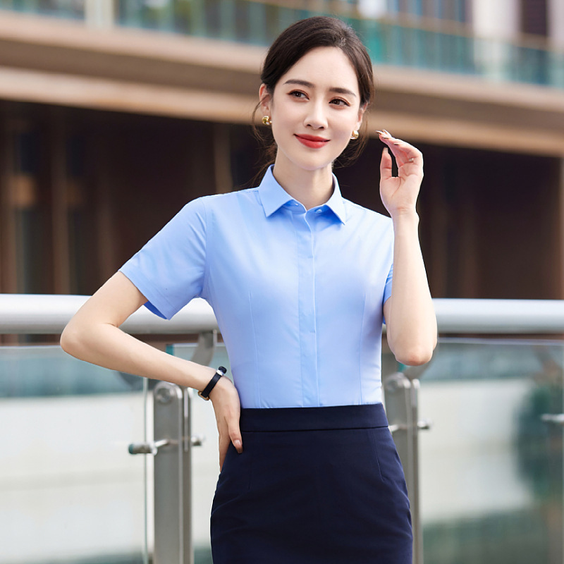 Blue Shirt for Women, Short-Sleeved Professional Attire, Formal Workwear, Slim-Fit Bamboo Fiber Stretch Shirt, No-Iron Technology Top Blue Shirt for Women, Short-Sleeved Professional Attire, Formal Workwear, Slim-Fit Bamboo Fiber Stretch Shirt, No-Iron Technology Top
