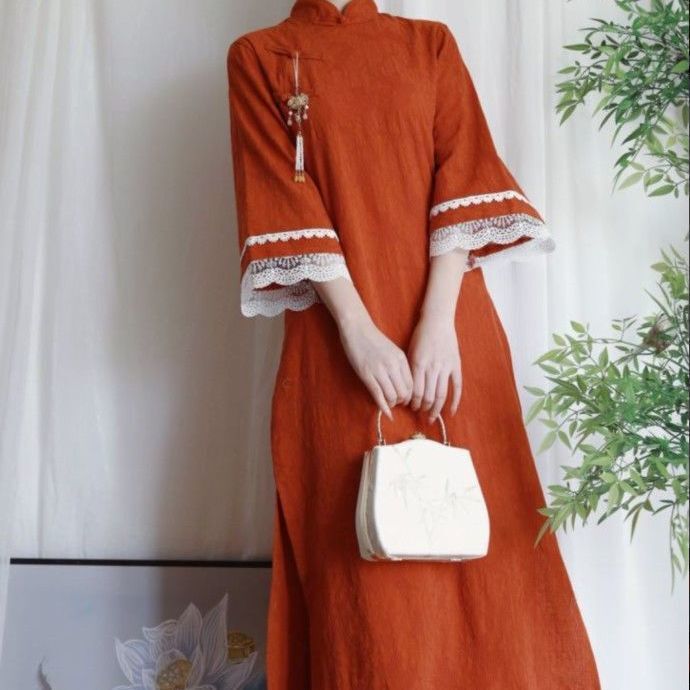 Full Cardigan Cheongsam Ancient Style Inverted Half Sleeve Modified Cotton Embossed Summer National Style Loose Daily Wear Red dress