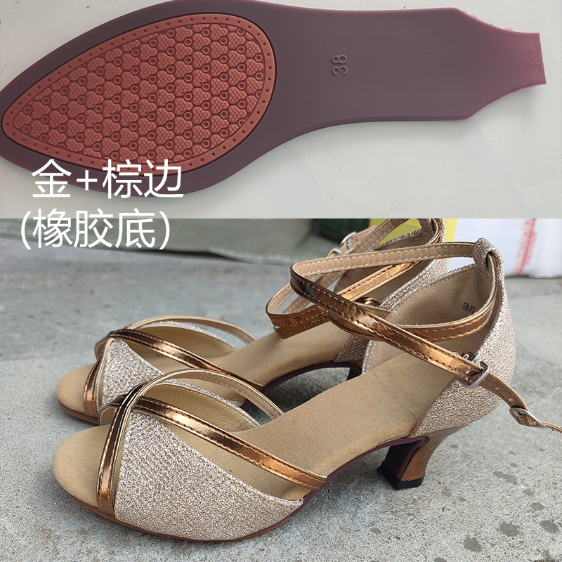 Primavera y verano peep toe mujeres adultas zapatos de baile latino hembra adulto mediados talón zapatos de baile de piel de vaca inferior suave