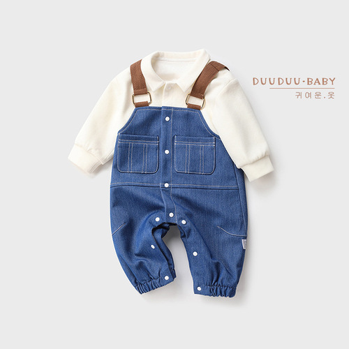 Ins-style faux two-piece cardigan children's clothing for babies, outdoor clothes, packable long-sleeved crawling suit, infant onesie, Category A, spring and autumn