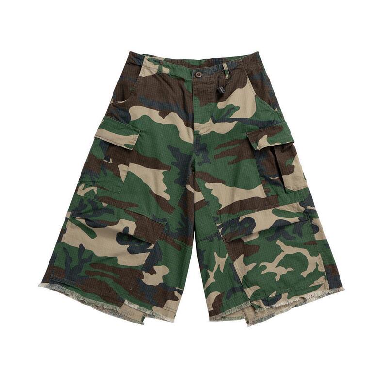 European and American Trendy Hip-Hop Washed Camouflage Shorts for Men, Baggy High Street Style Cargo Workwear Pocketed Three-Quarter Shorts