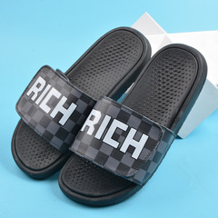棋盤格男士拖鞋夏季外穿籃球一字拖防滑耐磨戶外踩屎感涼拖批發