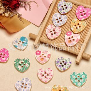 Painted Wooden Four-Eye Buttons Round Heart DIY Decorative Wood Buttons Cute Versatile Painted Button Series