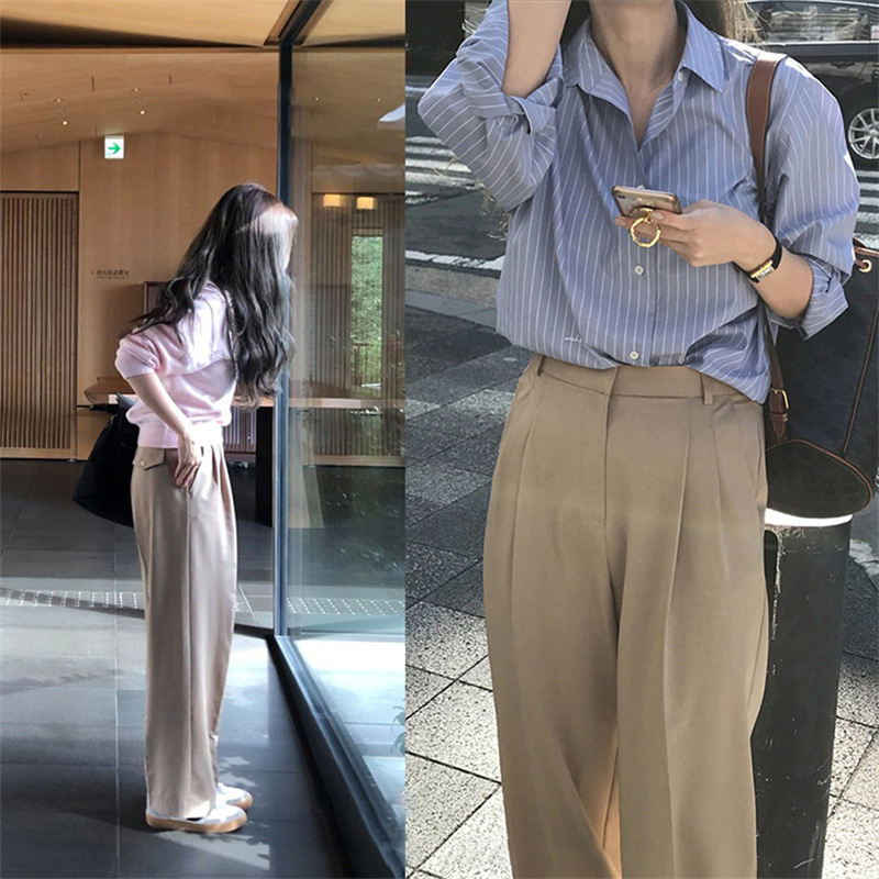 2024春季新款韩国设计师帅气休闲米色高腰阔腿垂感直筒西装西裤