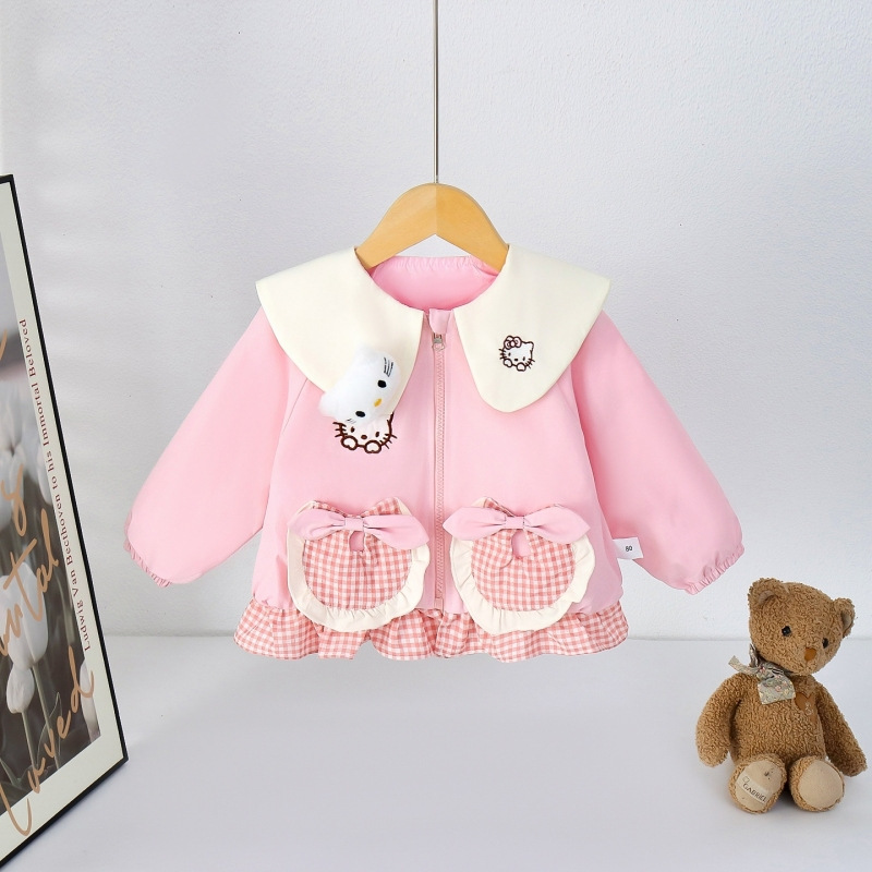 Infant Autumn Outwear Cartoon Hello Kitty Coat for Baby Girls with Lace Hem Princess Style Zipper Cardigan Infant Autumn Outwear Cartoon Hello Kitty Coat for Baby Girls with Lace Hem Princess Style Zipper Cardigan