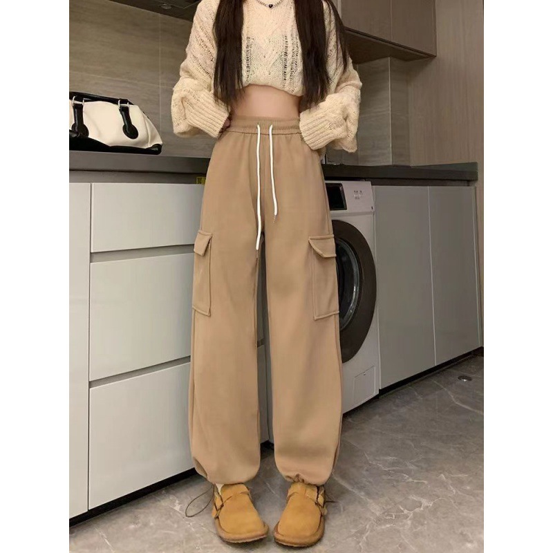 Pantalones cargo casuales de cintura alta para mujer, nuevo estilo de otoño, estilo retro americano, largos hasta el suelo, pantalones anchos de pierna recta que estilizan.