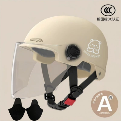 Half Helmet — Motosiklet kaskı (dəbilqə) - khaki-transparent-long-mirror-silver-white-bear-ear-protection
