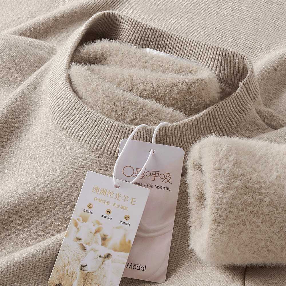High-End Luxury Wool Modal Integrated Fleece Crew Neck Men's Autumn and Winter Fleece-Lined Thickened Warm Inner Sweater Knitwear