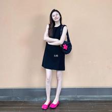 法式赫本风极简气质黑色无袖连衣裙女夏季新款宽松直筒显瘦短裙zb