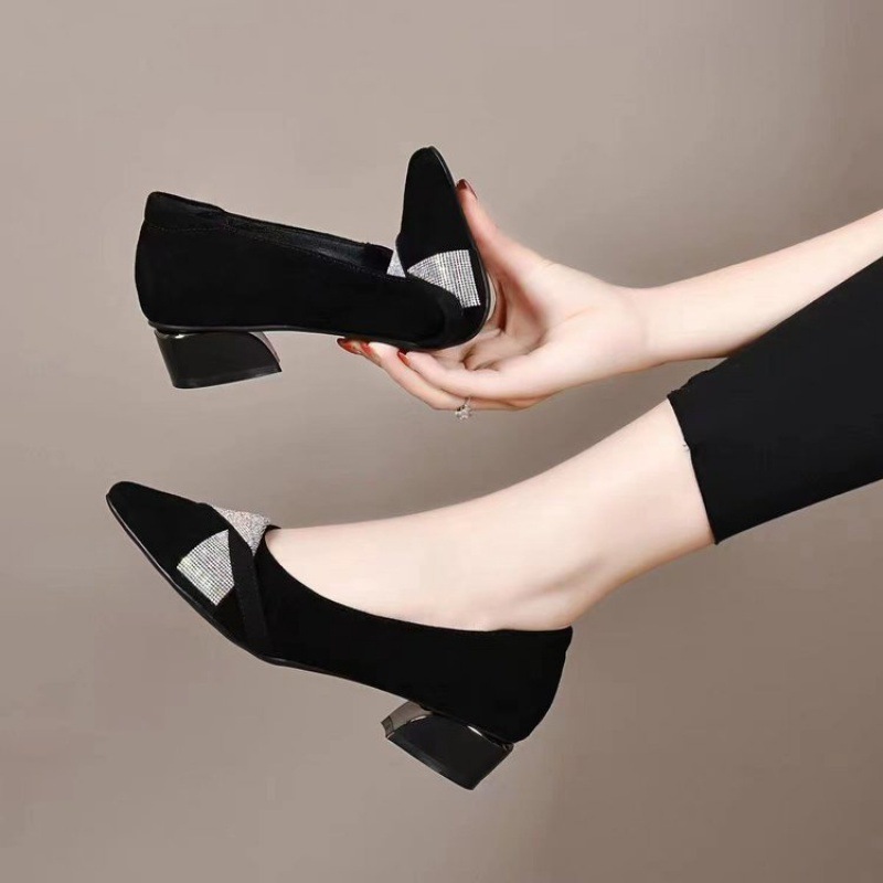 De goma puntiaguda de corte bajo de tacón bajo (menos de 3cm)PU gamuza zapatos de tacón cuadrado zapatos bajos
