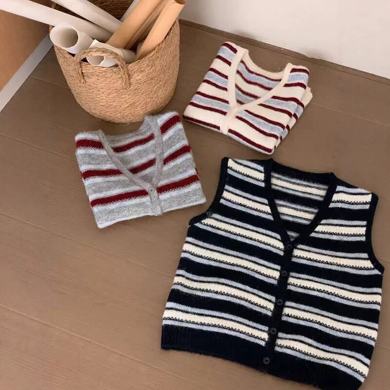 Korean-style color-block striped knitted cardigan vest for women, new early autumn sleeveless layered sweater vest jacket, trendy Korean-style color-block striped knitted cardigan vest for women, new early autumn sleeveless layered sweater vest jacket, trendy