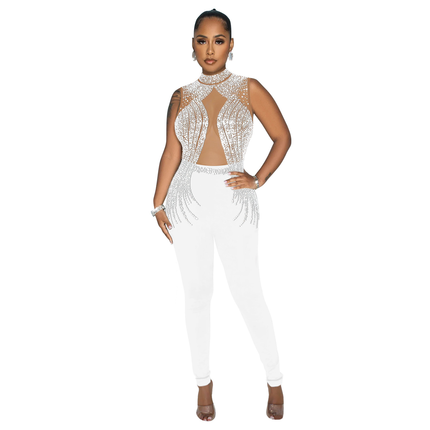 C6931 Aliexpress transfronterizo Amazon Europa y América ropa de moda de mujer de color sólido malla de diamante pantalones sin mangas