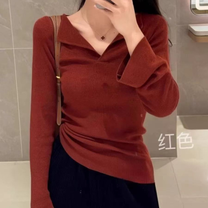 纯色V领正肩针织衫女内搭秋冬长袖毛衣打底衫设计感小衫绝美上衣|undefined