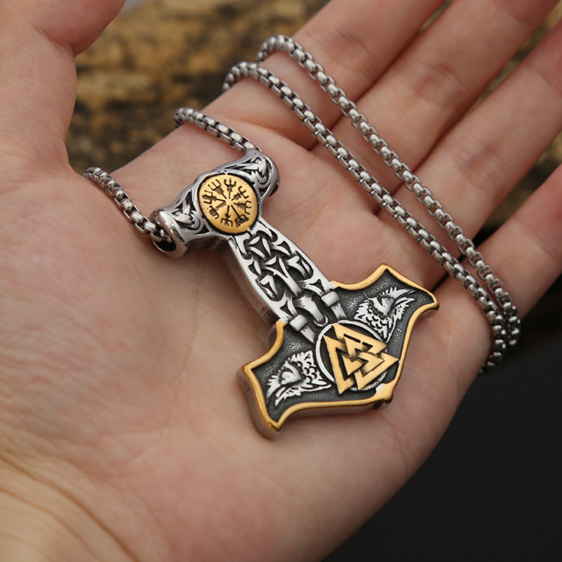 Viking Thor Hammer Titanium Pendant Necklace For Men Stainless_voghion.com