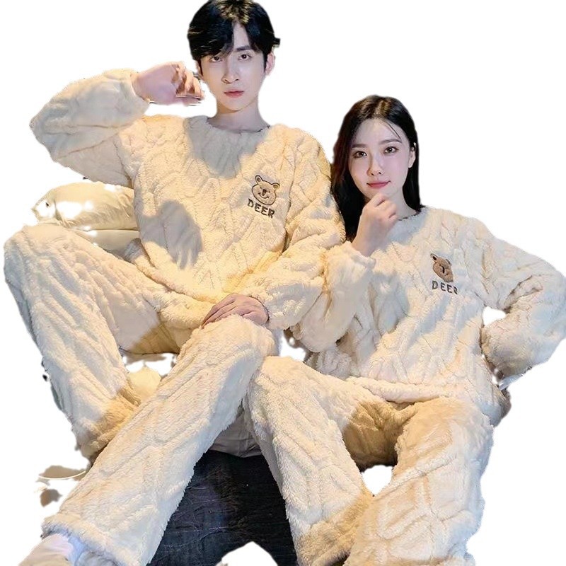Pijama de invierno de franela para parejas de mujeres simple oso de dibujos animados ocio tamaño más grande engrosado ropa para el hogar de hombres dos piezas