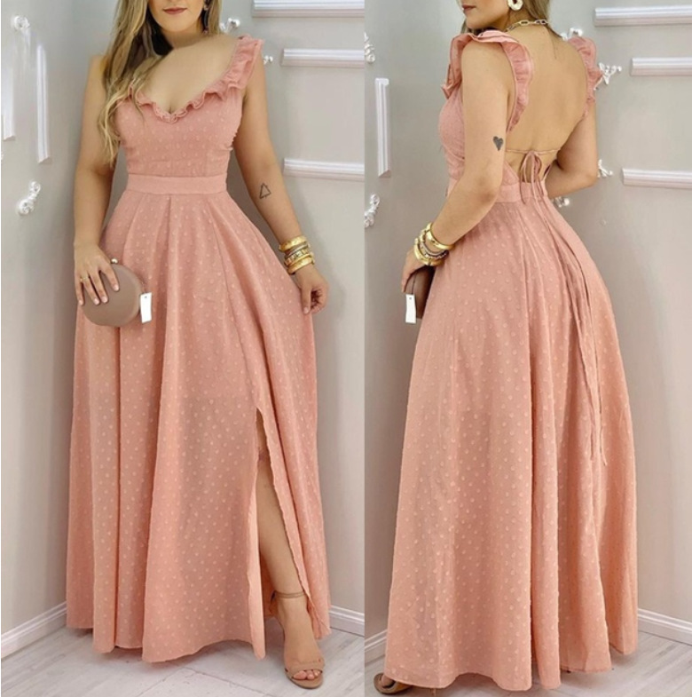 Frau Swing-Kleid Einfacher Stil V-Ausschnitt Rüschen Ärmellos Einfarbig Maxi Langes Kleid Täglich display picture 1