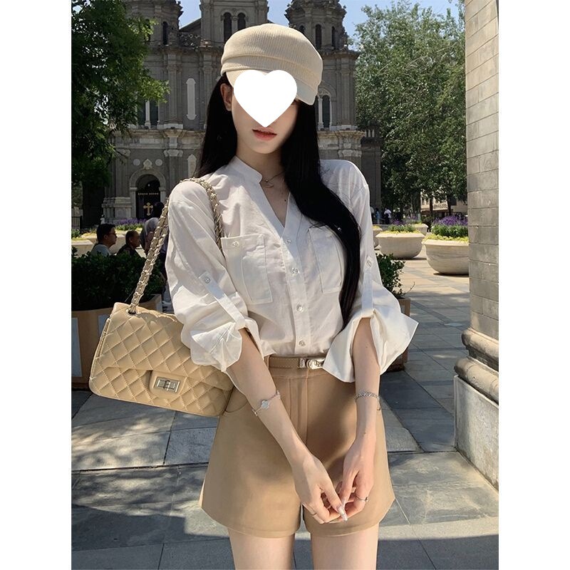白色口袋衬衫套装女高腰显瘦短裤两件套装2025气质淑女百搭高级感|undefined