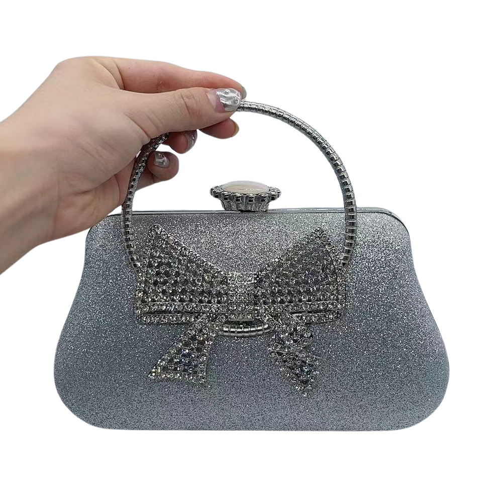 Túi clutch nữ dự tiệc da đơn giản tay cầm nơ — Màu đen, Màu bạc, Màu vàng nhạt, Màu Sâm panh chi tiết 7