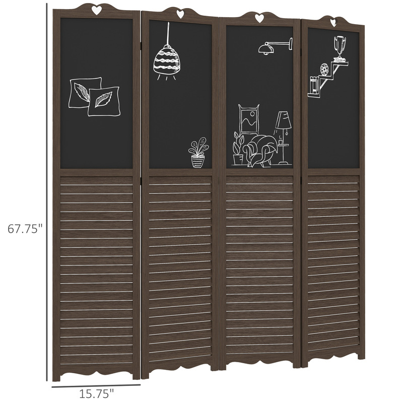 4 Panel Folding Room Divider with Blackboard Free Standing Privacy Screen Panel Bedroom Office Walnut Brown