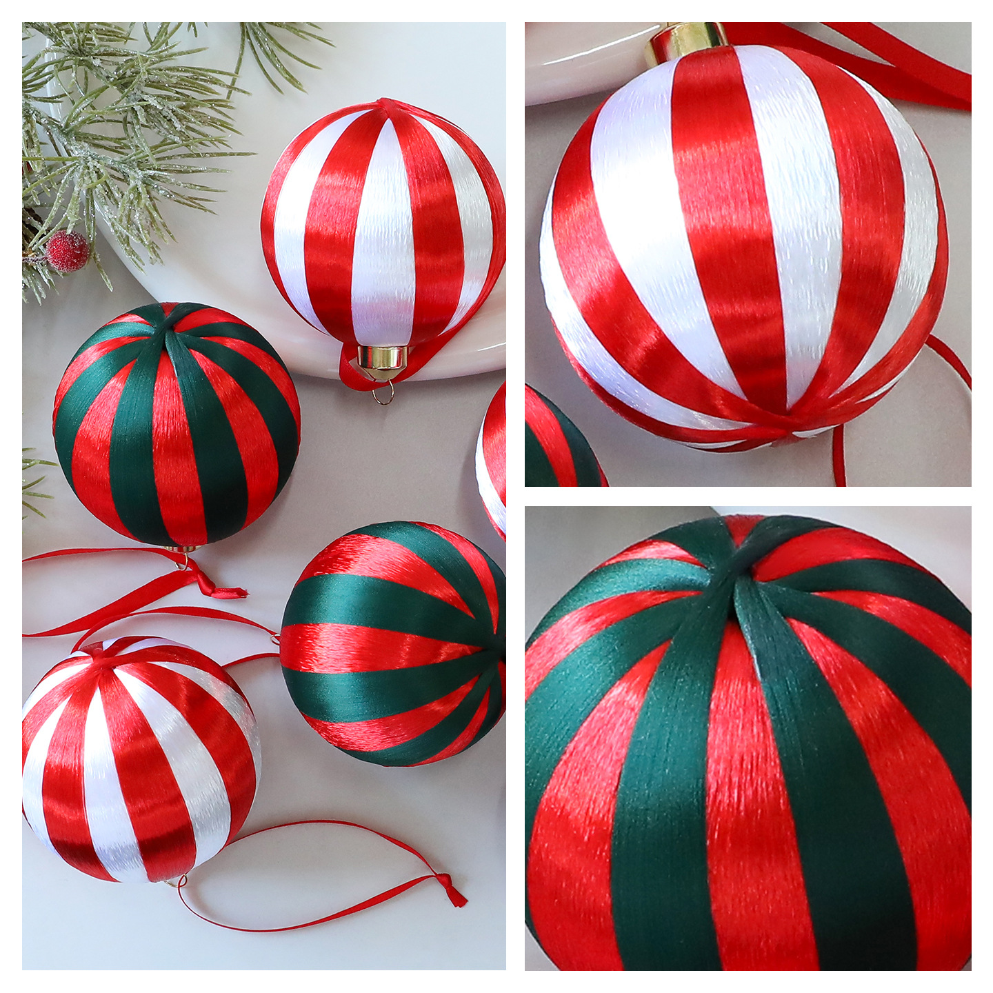 8CM Plastic Christmas Wrapped Ball Ornaments – 12-Piece Set (6 Red/Green & 6 Red/White, Foldable Box Packaging, Holiday Tree Decor, Window Display)_voghion.com