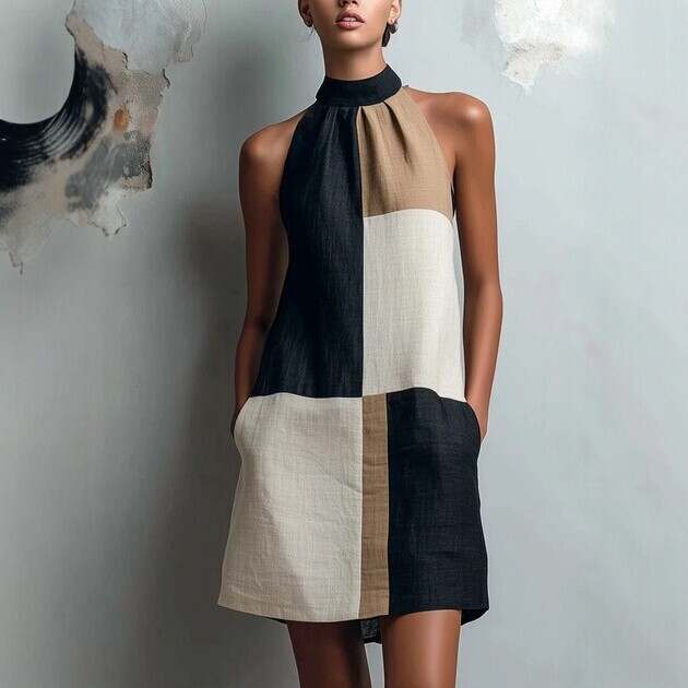 2026 Summer New European and American Style Color-Block Sleeveless Halter Neck Dress for Women, Simple and Elegant Short A-line Dress 2026 Summer New European and American Style Color-Block Sleeveless Halter Neck Dress for Women, Simple and Elegant Short A-line Dress